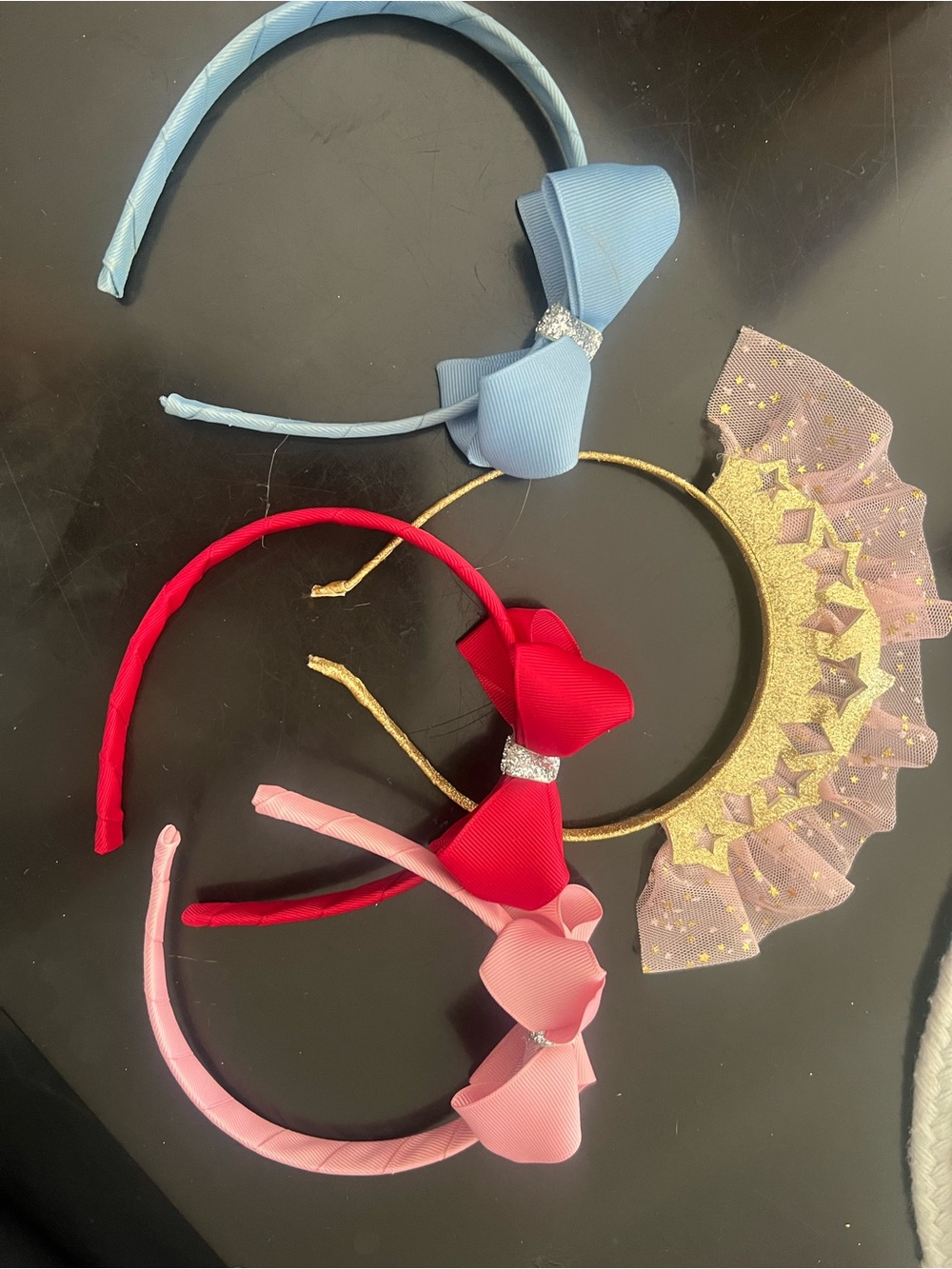 Girls Bow Headbands Set with Gold Star Tulle Crown - Blue, Red, Pink